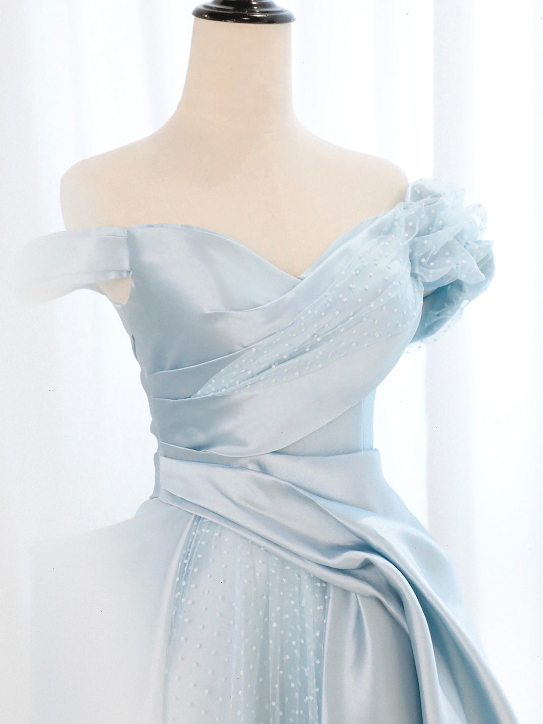 Evening Dresses Gown, Blue Satin Tulle Long Prom Dress, Off Shoulder Formal Evening Dress