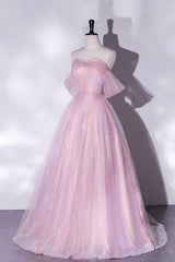 Homecoming Dresses For Girl, Pink Tulle Sequins Long Prom Dress, A-Line Formal Graduation Dress
