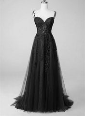 Formal Dress Store Near Me, Black Sweetheart Tulle With Lace Long A-Line Prom Dress, Black Formal Dress