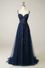 Prom Dresses Website, Navy Tulle and Lace Long Prom Dress, Lovely Spaghetti Strap Evening Dress