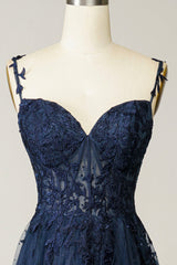 Prom Dress Website, Navy Tulle and Lace Long Prom Dress, Lovely Spaghetti Strap Evening Dress