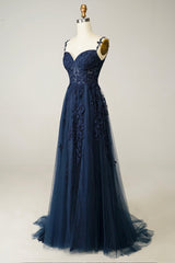 Prom Dresses Websites, Navy Tulle and Lace Long Prom Dress, Lovely Spaghetti Strap Evening Dress