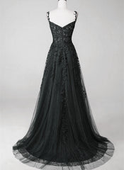 Formal Dress Stores Near Me, Black Sweetheart Tulle With Lace Long A-Line Prom Dress, Black Formal Dress