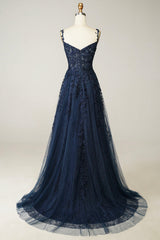 Prom Dress Websites, Navy Tulle and Lace Long Prom Dress, Lovely Spaghetti Strap Evening Dress
