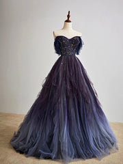 Evening Dress Yellow, Purple Gradient Tulle Long Prom Dress, Beautiful A-Line Evening Party Dress