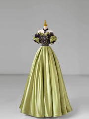 Princess Dress, Green Satin Lace Long Prom Dress, Beautiful A-Line Evening Dress with Bow