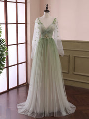 Prom Dresses Size 28, Light Green Tulle Long Sleeve Prom Dress, Green Gradient Floor Length Evening Dress