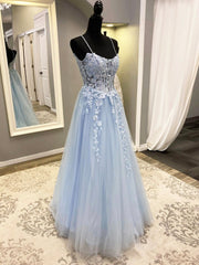 Evening Dresses 2036, Blue Spaghetti Strap Tulle Long Prom Dress with Lace, A-Line Evening Party Dress