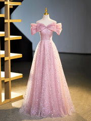 Formal Dress With Sleeve, Sparkly Off-Shoulder Sequins Floor Length Formal Dress, Beautiful Pink Prom Dress