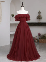 Party Dress Mid Length, Burgundy Tulle Floor Length Prom Dress, Simple A-Line Evening Party Dress