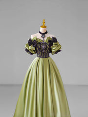 Evening Dress Elegant, Green Satin Lace Long Prom Dress, Beautiful A-Line Evening Dress with Bow