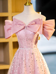 Formal Dresses With Sleeve, Sparkly Off-Shoulder Sequins Floor Length Formal Dress, Beautiful Pink Prom Dress