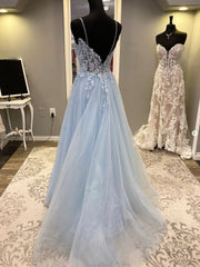 Evenning Dresses Short, Blue Spaghetti Strap Tulle Long Prom Dress with Lace, A-Line Evening Party Dress