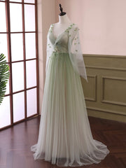 Prom Dress Size 28, Light Green Tulle Long Sleeve Prom Dress, Green Gradient Floor Length Evening Dress