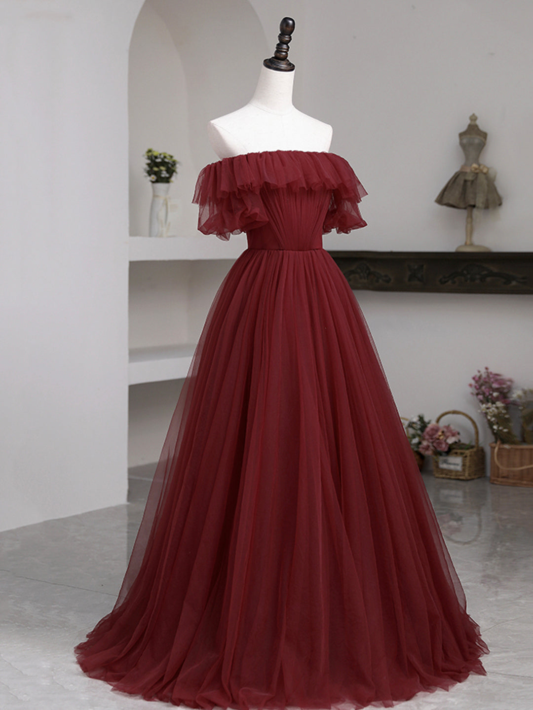 Party Dress Night Out, Burgundy Tulle Floor Length Prom Dress, Simple A-Line Evening Party Dress