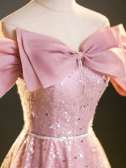 Formal Dress With Sleeves, Sparkly Off-Shoulder Sequins Floor Length Formal Dress, Beautiful Pink Prom Dress