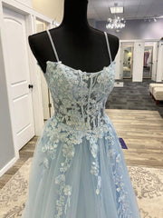 Evening Dresses Lace, Blue Spaghetti Strap Tulle Long Prom Dress with Lace, A-Line Evening Party Dress