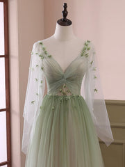 Prom Dresses 2034 Cheap, Light Green Tulle Long Sleeve Prom Dress, Green Gradient Floor Length Evening Dress