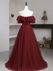 Party Dresses Night Out, Burgundy Tulle Floor Length Prom Dress, Simple A-Line Evening Party Dress