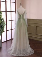 Prom Dresses Princess Style, Light Green Tulle Long Sleeve Prom Dress, Green Gradient Floor Length Evening Dress