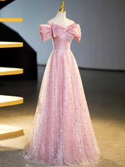 Formal Dress Wear For Ladies, Sparkly Off-Shoulder Sequins Floor Length Formal Dress, Beautiful Pink Prom Dress
