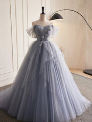 Bridesmaid Dresses Summer, Gray Tulle Long A-Line Prom Dress, Off Shoulder Evening Dress Party Dress