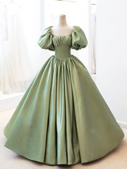 Gold Dress, Green Satin Formal Evening Gown with  Puff Sleeve, A-Line Long Prom Dress
