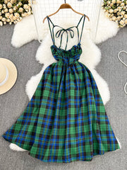 Prom Dress With Shorts, Lovely Green Plaid Halter Dress, A-Line Fashion Dress