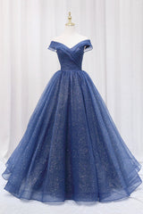 Evening Dresses, Blue Off the Shoulder Long Party Dress Evening Gown, Blue Junior Prom Dress
