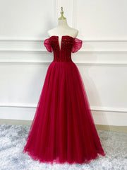 Party Dresses For Christmas, Burgundy Tulle Beaded Long Formal Dress, Off Shoulder Evening Party Dress