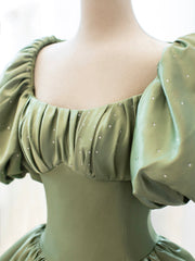 Grad Dress, Green Satin Formal Evening Gown with  Puff Sleeve, A-Line Long Prom Dress