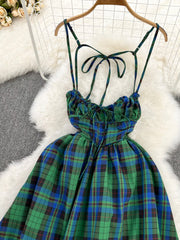 Prom Dresses With Short, Lovely Green Plaid Halter Dress, A-Line Fashion Dress