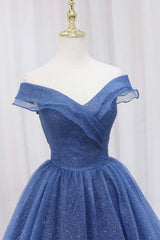 Evening Dresses Velvet, Blue Off the Shoulder Long Party Dress Evening Gown, Blue Junior Prom Dress
