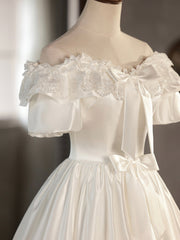 Wedding Dress Fashion, White Satin Lace Short Prom Dress, Off Shoulder Evening Dress, Wedding Dress