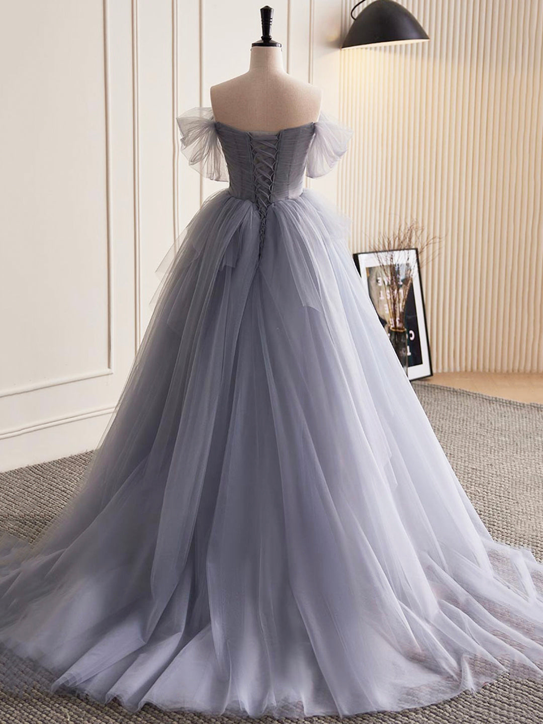 Bridesmaid Dresses Green, Gray Tulle Long A-Line Prom Dress, Off Shoulder Evening Dress Party Dress