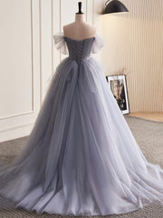 Bridesmaid Dresses Green, Gray Tulle Long A-Line Prom Dress, Off Shoulder Evening Dress Party Dress