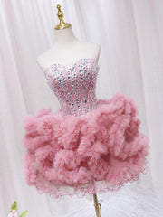 Prom Dresses For Teens, Pink Sweetheart Neckline Tulle Short Prom Dress with Rhinestones, Cute Party Dress