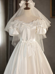 Wedding Dresses And Shoes, White Satin Lace Short Prom Dress, Off Shoulder Evening Dress, Wedding Dress