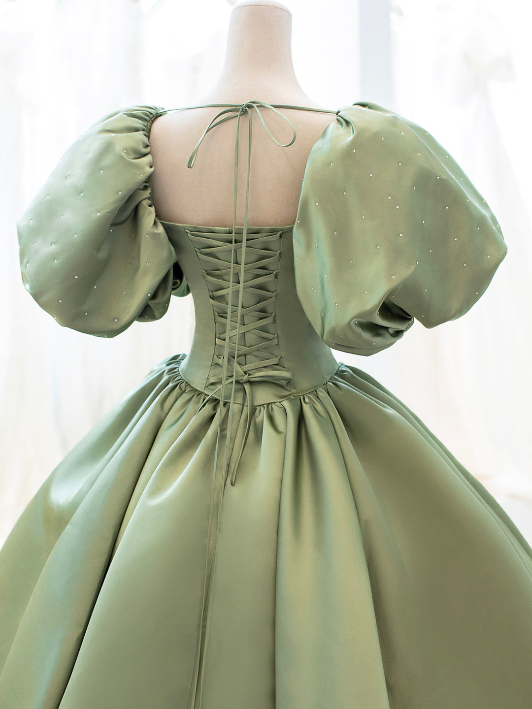 Beach Dress, Green Satin Formal Evening Gown with  Puff Sleeve, A-Line Long Prom Dress