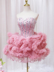 Prom Dresses 2036, Pink Sweetheart Neckline Tulle Short Prom Dress with Rhinestones, Cute Party Dress