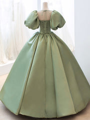 Bridesmaid Dresses Formal, Green Satin Formal Evening Gown with  Puff Sleeve, A-Line Long Prom Dress