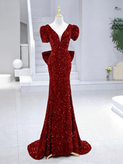 Prom Dresses Colors, Mermaid Sequins Long Prom Dress, Burgundy V-Neck Evening Dress