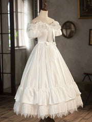 Wedding Dress And Shoe, White Satin Lace Short Prom Dress, Off Shoulder Evening Dress, Wedding Dress