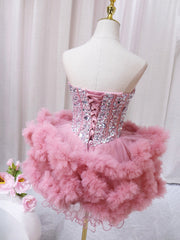Prom Dress Long, Pink Sweetheart Neckline Tulle Short Prom Dress with Rhinestones, Cute Party Dress