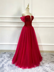 Party Dress For Christmas, Burgundy Tulle Beaded Long Formal Dress, Off Shoulder Evening Party Dress