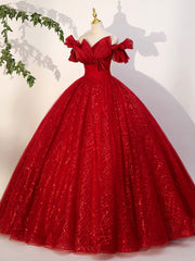 Evening Dresses Long, Red Tulle Long A-Line Ball Gown, Red Off Shoulder Formal Dress