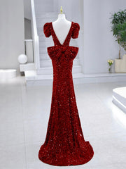 Prom Dress 2035, Mermaid Sequins Long Prom Dress, Burgundy V-Neck Evening Dress