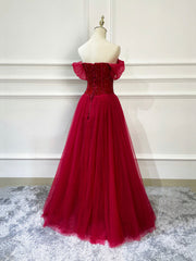 Party Dresses Christmas, Burgundy Tulle Beaded Long Formal Dress, Off Shoulder Evening Party Dress