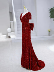 Prom Dresses 2035, Mermaid Sequins Long Prom Dress, Burgundy V-Neck Evening Dress