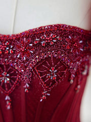 Party Dress Long Sleeve, Burgundy Tulle Beaded Long Prom Dress, A-Line Formal Evening Dress